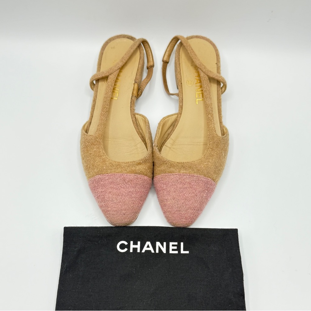 CHANEL 20B Camel and Pink Bi Color Tweed Ballet Slingback Sandal Flats EU 38.5